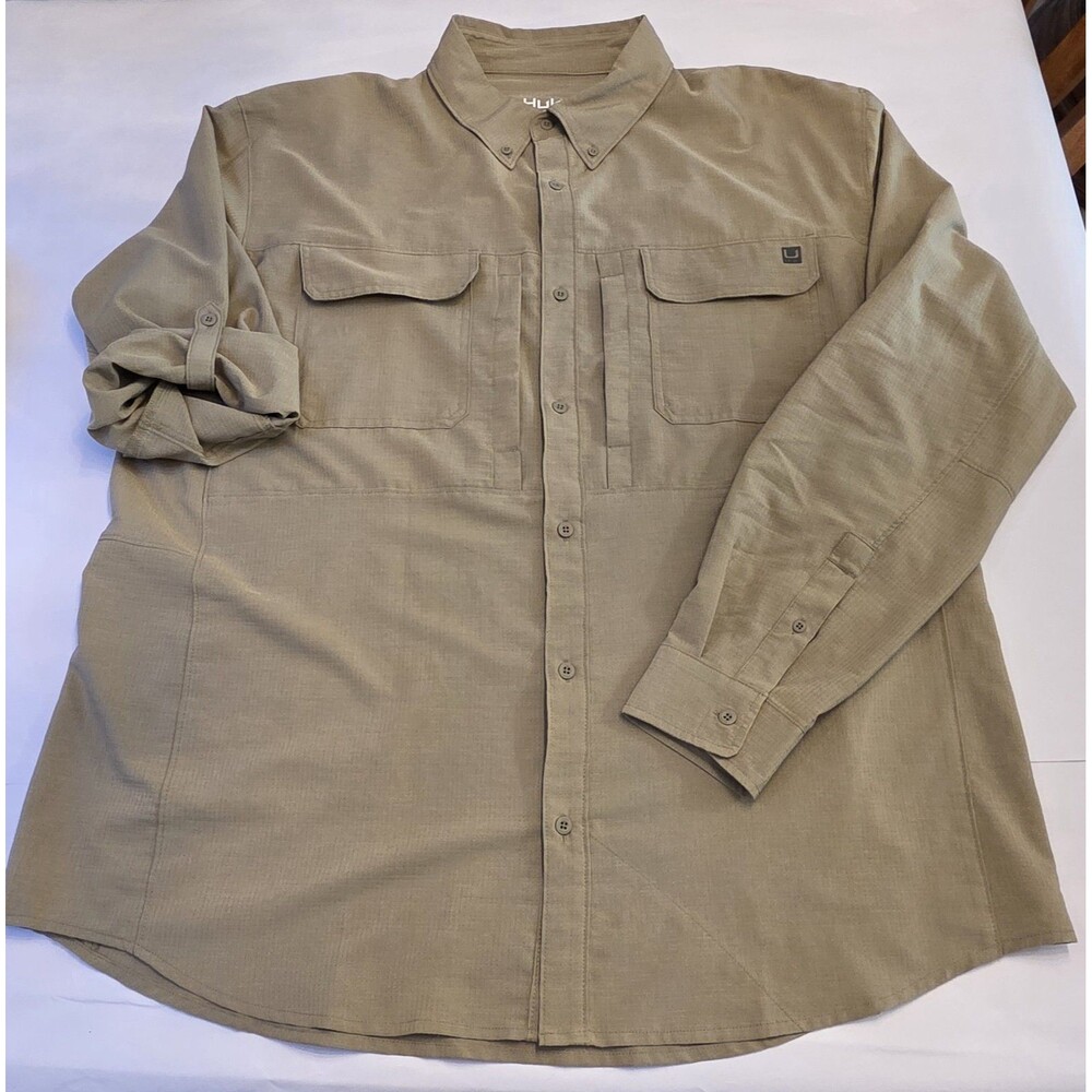 HUK Men's Fishing Shirt XXXL Khaki Long Sleeve Performance Button Up Performance - Picture 1 of 7